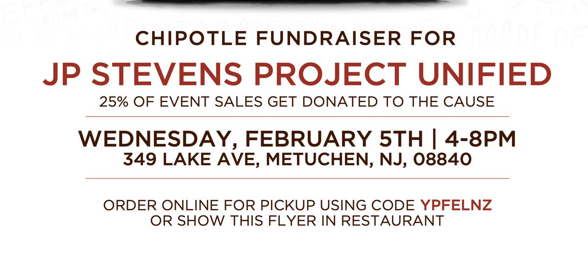 Please support our Unified program by eating at Chipotle in Metuchen, on Lake avenue on February 5th between 4-8 pm!!

If you order online, it has to be during the time window of 4-8 pm!
