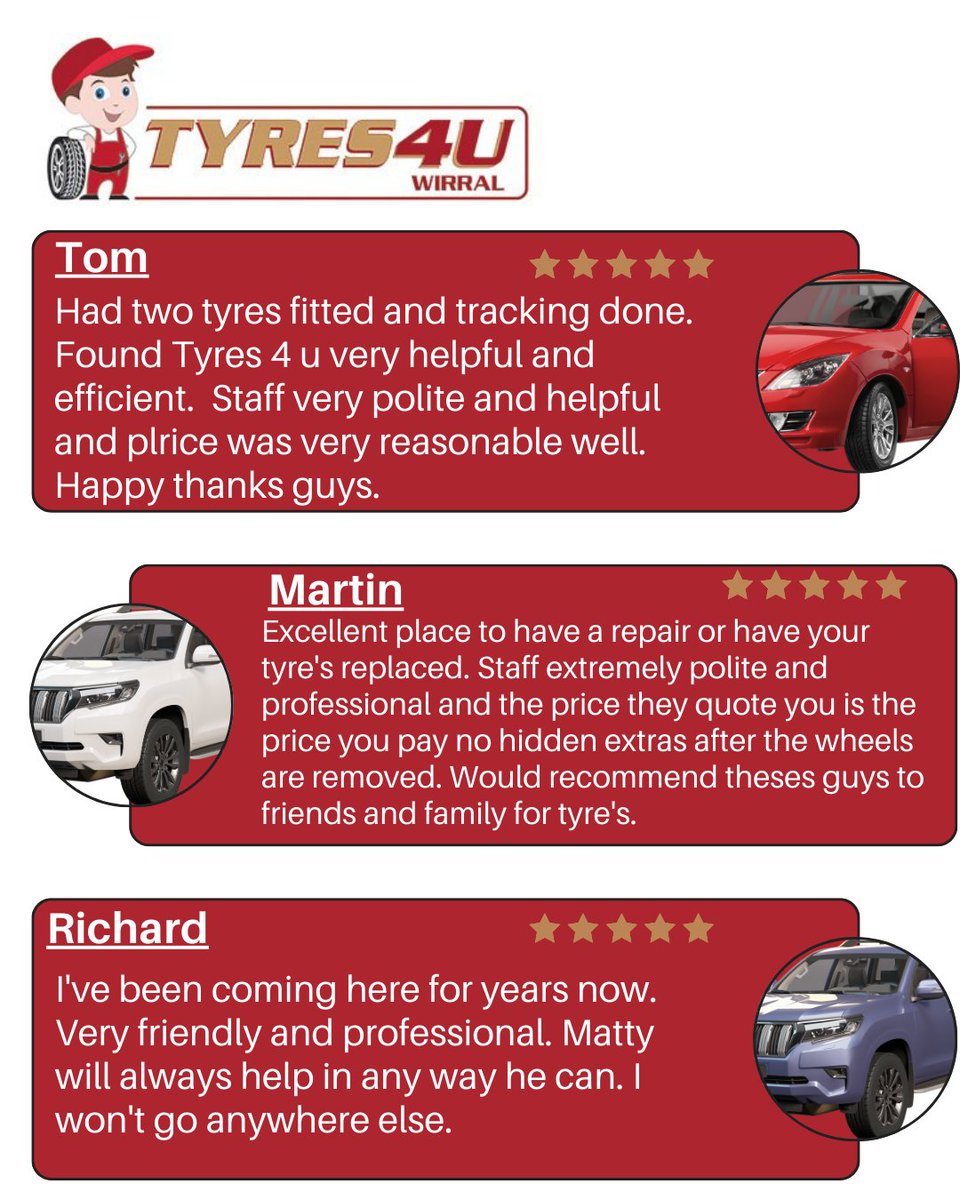 Check out some of our latest 5* Google reviews ⭐ ⭐ ⭐ ⭐ ⭐
We have over 230 five star reviews on Google so you have peace of mind that when you visit our garage you know you are getting a professional, trust worthy &amp; good value service from us.
tyres4uwirral.co.uk
#wirral