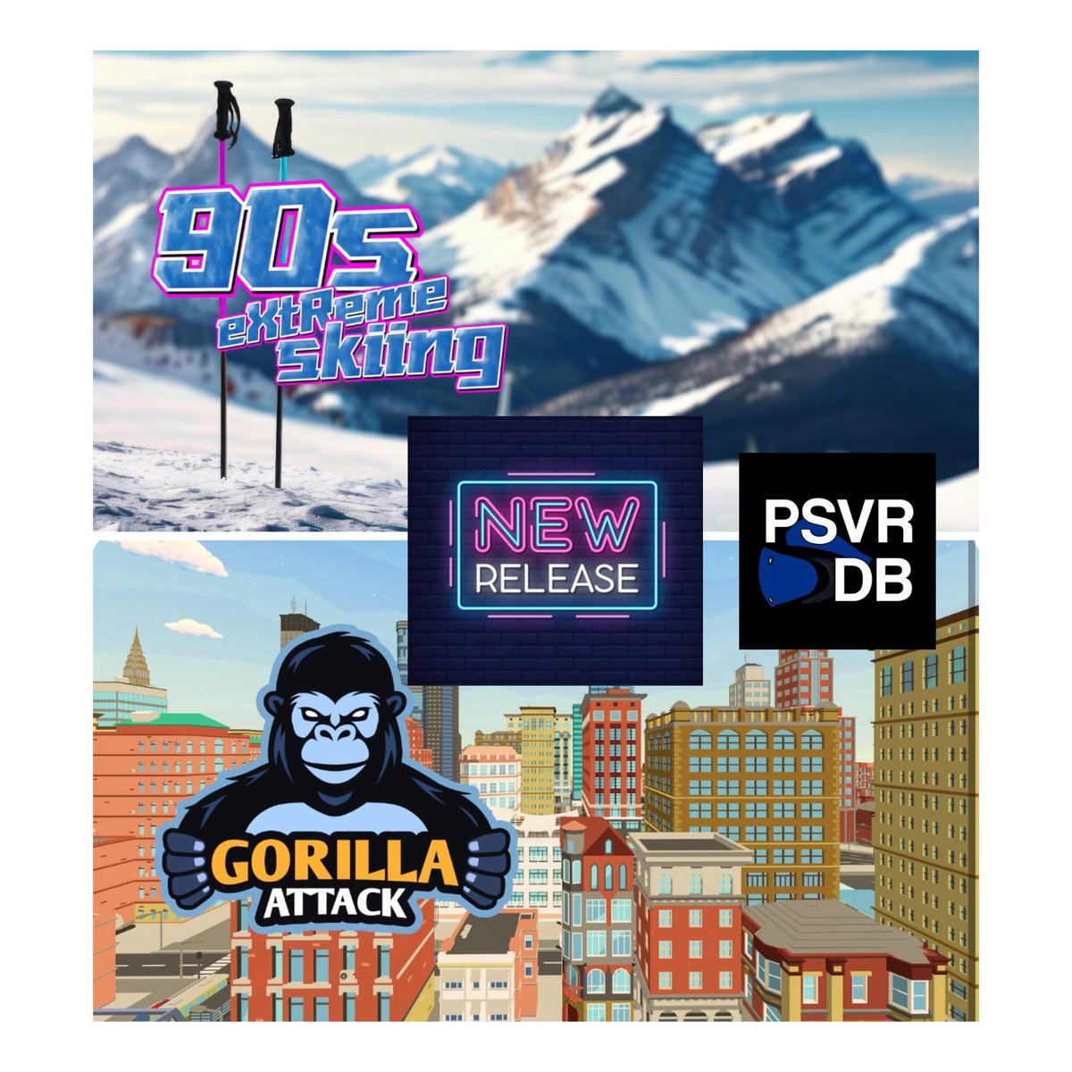 TWO new releases today for #PSVR2 ! 

-90s Extreme Skiing ⛷️by Tunermaxx
-Gorilla Attack 🦍 by <a href="/TakeITStudio/">Take IT Studio!</a> 

Go grab them both today!

#PlayStation #PlayStation5 #PS5 #VR #VirtualReality #VRgaming #PlayStationVR2