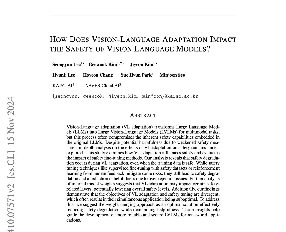🎉 Excited to share that our paper "How Does Vision-Language Adaptation Impact the Safety of Vision Language Models?" has been accepted to #ICLR2025!

🖼 Vision-Language Adaptation empowers LLMs to process visual information—but how does it impact their safety?

🛡 And what about