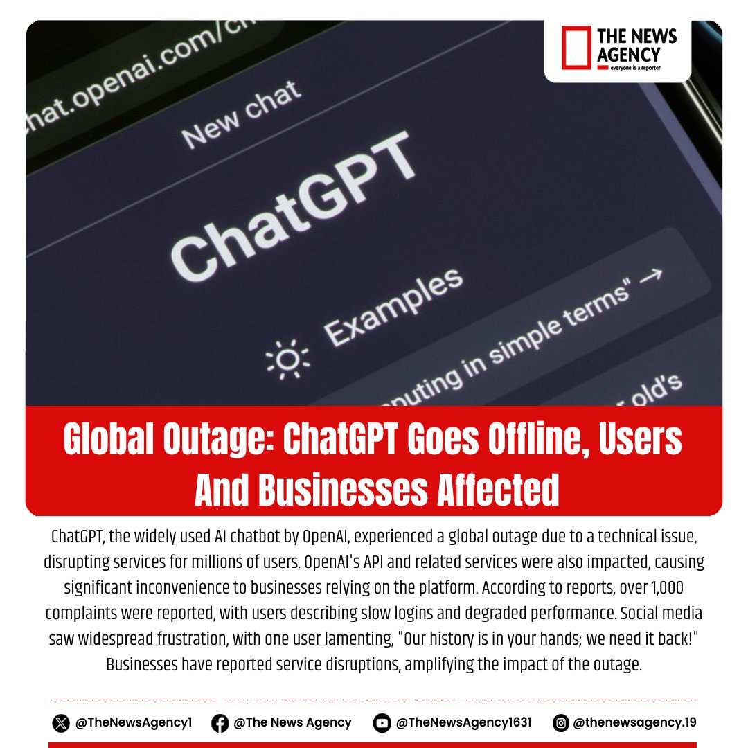 TheNewsAgency1's tweet photo. #ChatGPTDown #OpenAIOutage #AIDisruption #TechIssues #GlobalOutage #ChatGPTOffline #APIDisruption #ArtificialIntelligence #UserFrustration #TechNews #BigBreaking #BreakingNews #BigNews #News #ChatGPT
#OpenAI #TechnologyNews
@OpenAI https://t.co/S1aFPpwaQL
