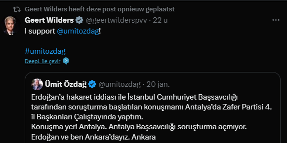 Irkçı faşist Müslüman düşmanı Hollandalı, PVV partisinin başkanı Mossad ajanı Geert Wilders'da, ümit özdağ'ı destekliyorum diye twit atıyorsa, artık gerisini siz tahmin ediniz. Kimin ajanı acaba...