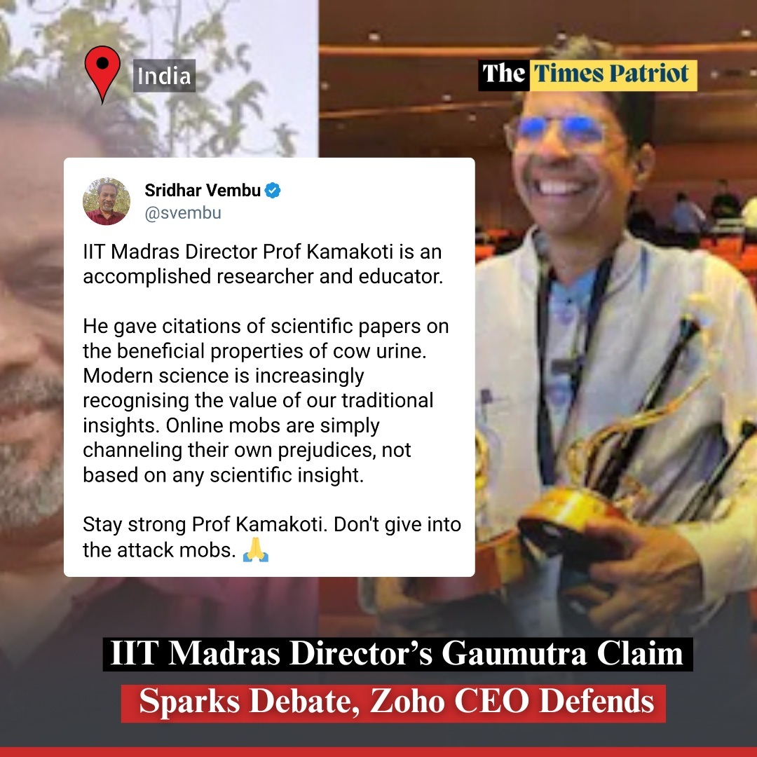 🙏🏻 Zoho chief <a href="/svembu/">Sridhar Vembu</a> stands in support of Prof Kamakoti, Director of IIT-Madras!

Prof Kamakoti has cited scientific papers on the benefits of cow urine, validating ancient insights.

Despite online backlash, Sridhar Vembu urges him to stay strong and not yield to prejudice.