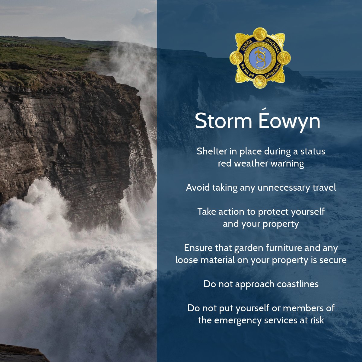 Storm Éowyn is a dangerous, damaging and destructive weather event with potential serious risk to life and injury for people who do not follow safety advice.

We are warning all members of the public that a status red severe weather warning means ‘shelter in place’. 

#StormEowyn