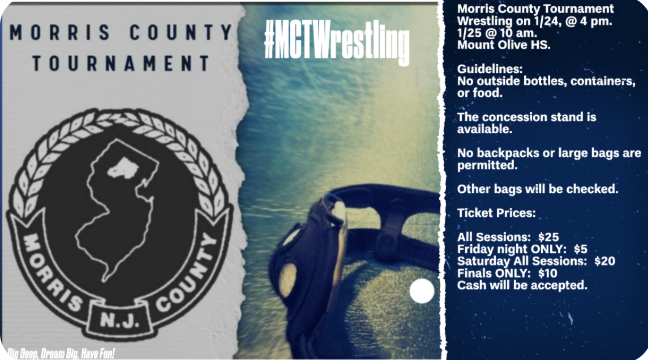 Tournament! Wrestling!
Big State Sports Livestream
tinyurl.com/WrestlingLives……   
Garden State HS Wrestling
tinyurl.com/mr3dkh7j 
1/24 4PM 
1/25 10AM
Tix-tinyurl.com/MCTWrest24-25
All Sessions: $25 
Friday night ONLY: $5 
Saturday All Sessions: $20 
Finals ONLY: $10.Cash accepted.