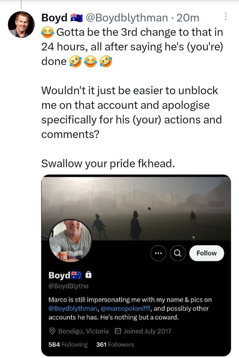 Kevscall's tweet photo. @Boydblythman @bj2079 @GreyhamJohnson @MareeSolaris @CookersRFunny @Stevo6536038503 @MrInbetween54 @Revs77 @liamRockstat @GigantoorJ @Nr_1_Slav @CBarrabran @goatfooker @Andromedans @PeePeeDownunder @JettyTean @kevvyjohnooo @angusjizzpants @QldPolice @BoydBlytho The only change I saw was the apology then this.
You had your chance.
#MarcotheCoward https://t.co/aNfPk6nQ04