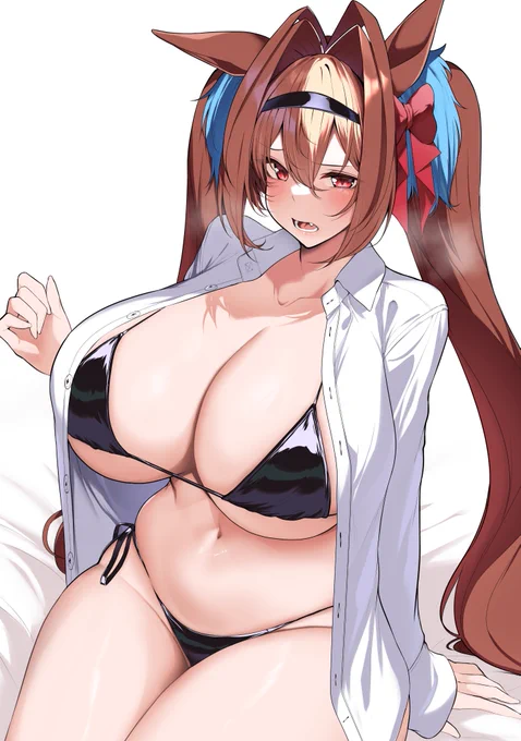 skebで描かせていただきました、彼シャツビキニなダイワスカーレットです～!彼シャツ+ビキニ描いててとても楽しいですねご依頼ありがとうございました～!差分も色々あるヨ 