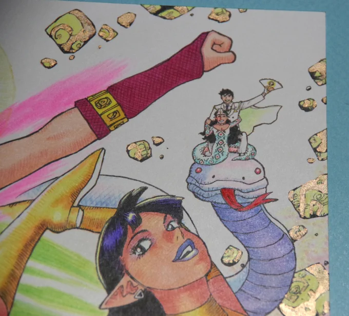 周囲の岩は黒っぽく見えますが真珠光沢絵具で塗ってあるので光の角度で金色になります 