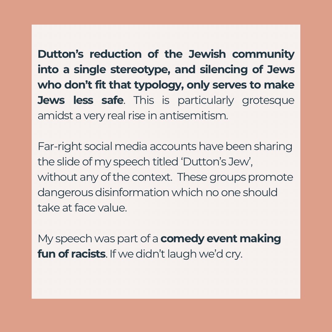 Sarah__Schwartz's tweet image. Statement on my speech during a comedy event which was pillorying Peter Dutton’s racist, ignorant and monolithic conception of Jewish people.