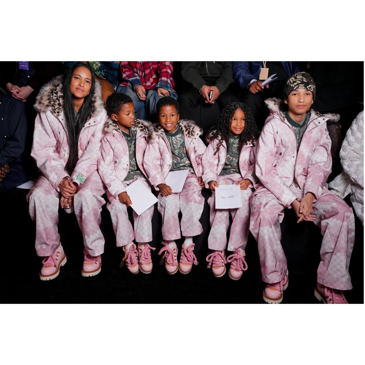 pwilliamsworld's tweet photo. Helen, the triplets and Rocket at  Pharrell and Nigo's Louis Vuitton show 🌸 January 21, 2025 

📷: @StephaneFeugere https://t.co/g76TmIGOhV