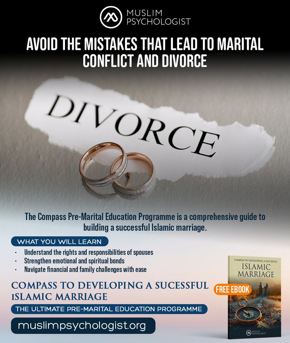 💔 Avoid the mistakes that lead to marital conflict and divorce.

The Compass Pre-Marital Education Programme is a comprehensive guide to building a successful Islamic marriage.  

muslimpsychologist.org/pre-marital-pr…