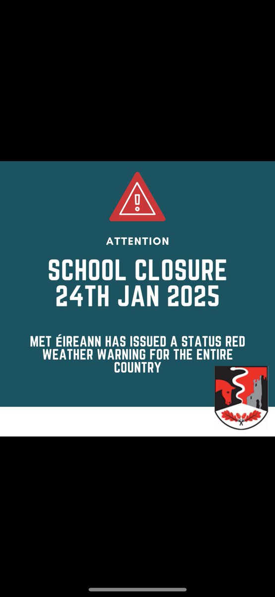 Status Red Alert: Schools closed on Friday 24 January.
Due to the extreme nature of Storm Éowyn and the threat of multi-hazard weather events on Friday 24 January, Met Éireann has confirmed a red weather warning.