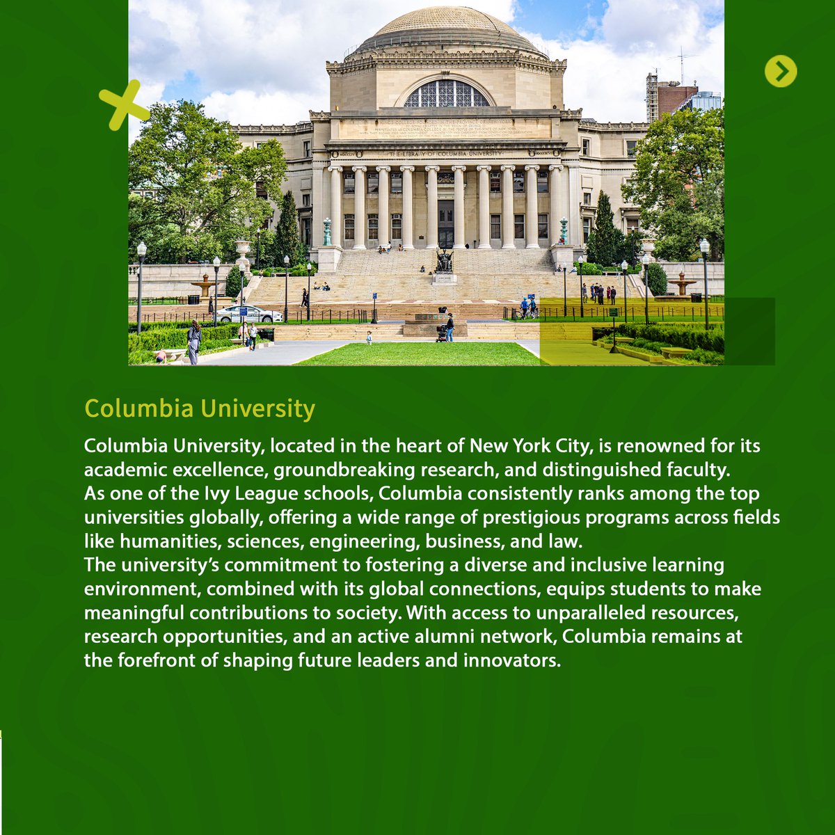 VestiOfficial's tweet image. Why settle for ordinary when you can choose excellence? 🌟

@Columbia offers world-class faculty, top-tier research, and access to NYC’s vibrant hubs. Ready for the next step? Explore your future with Vesti as your guide.

#VestiToColumbia #StudyInTheUSA #VestiGlobal