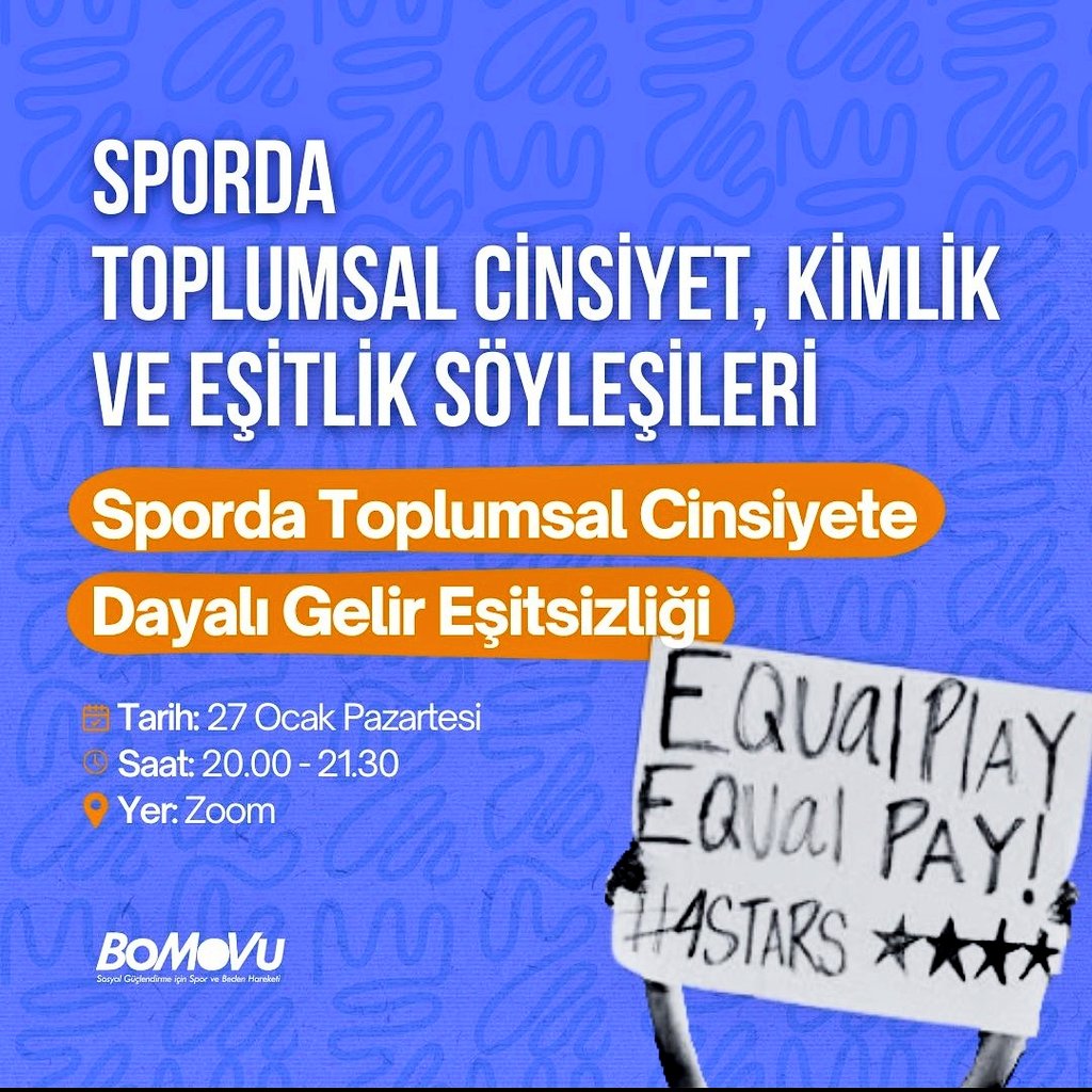 💬 <a href="/BoMoVu_/">BoMoVu</a> 'nun düzenlediği Sporda Toplumsal Cinsiyet, Kimlik ve Eşitlik Söyleşileri serisinin son etkinliğine davetlisiniz!
📌 Sporda Toplumsal Cinsiyete Dayalı Gelir Eşitsizliği
📅 27 Ocak Pazartesi
⏰ 20.00 - 21.30
📍 Zoom