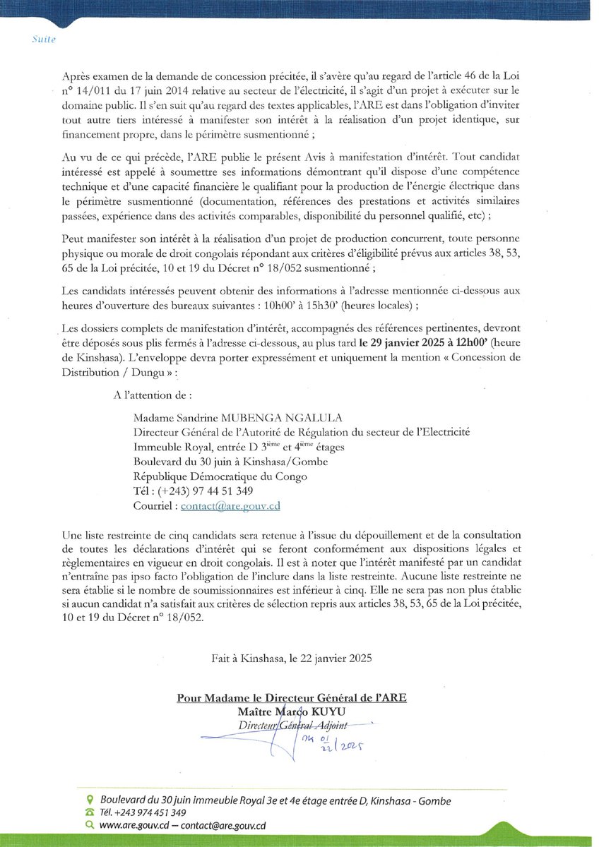 🔔 AMI n°01/ARE RDC/DG/2025
📌 Projet : Construction du réseau de distribution d’énergie électrique à partir de la centrale solaire de Dungu (Haut-Uele, RDC).
📅 Publication : 22 janvier 2025
⏳ Date limite : 29 janvier 2025

Détails ici👉 : are.gouv.cd/avis-a-manifes…