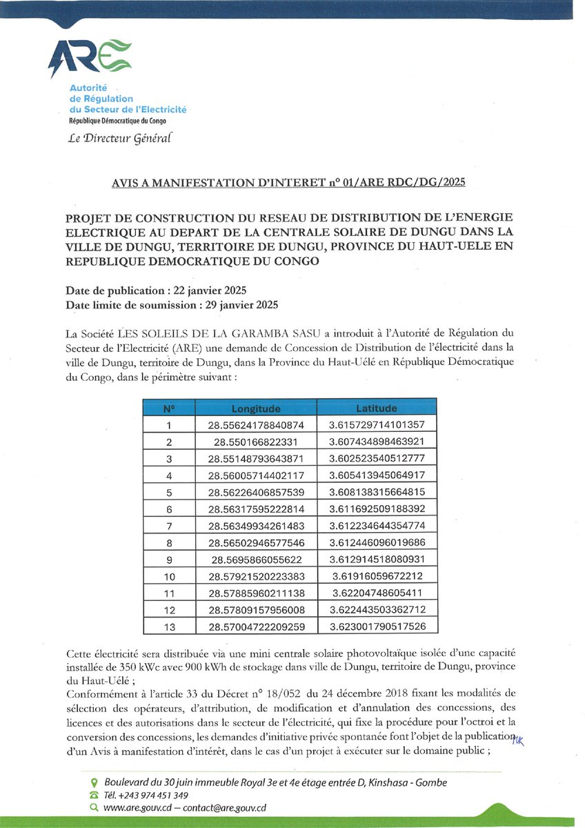 AREDRC1's tweet photo. 🔔 AMI n°01/ARE RDC/DG/2025
📌 Projet : Construction du réseau de distribution d’énergie électrique à partir de la centrale solaire de Dungu (Haut-Uele, RDC).
📅 Publication : 22 janvier 2025
⏳ Date limite : 29 janvier 2025

Détails ici👉 : https://t.co/H3BY2ASOVR https://t.co/5aa8HO6Rlg