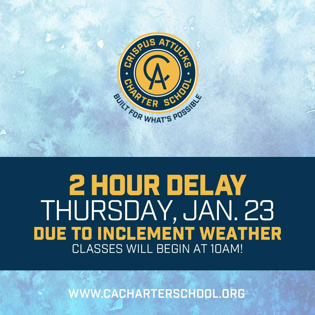 CACharterSchool's tweet photo. 📢 ‼️Important Update for Thursday, January 23. Due to inclement weather, Crispus Attucks Charter School will operate on a 2-hour delay this morning. 
✨ Classes will begin at 10:00 AM. Check your email or updates. 

#SchoolDelay #StaySafe #CrispusAttucksCharterSchool https://t.co/VolHlGmw9o