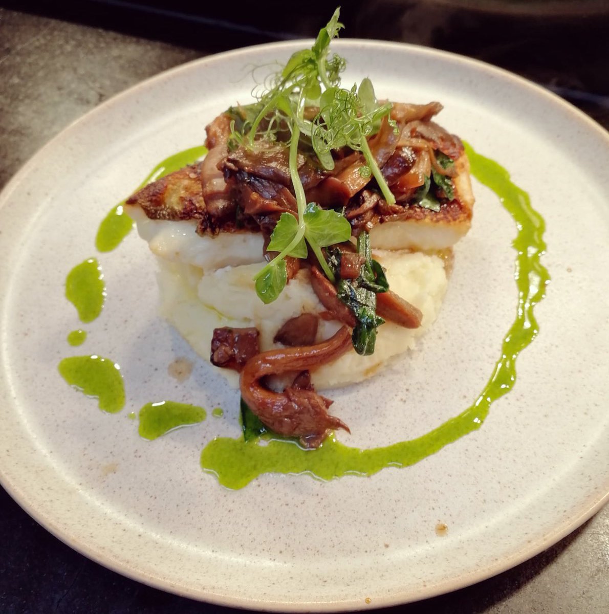 Beautiful special on our boards today - Roast loin of cod on creamy mash with a saute of wild mushrooms and spinach and parsley oil #aldeburgh #suffolk