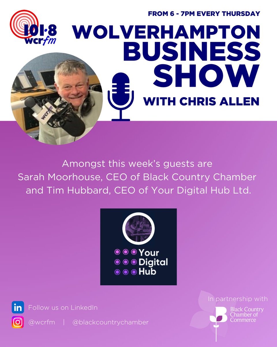 BlackCountryChamber (@bcccmembers) on Twitter photo 🎙️Tune in to <a href="/1018wcrfm/">WCR FM - Local Radio for Wolverhampton</a>'s Wolverhampton Business Show at 6pm this evening! Amongst this week's guests, our CEO <a href="/SarahMChamber/">Sarah Moorhouse</a> and Tim Hubbard, CEO of @YourDigitalHub.
Listen 🎧 loom.ly/oRCL1dY
#businessisdonebettertogether #businesssupport 🎙️Tune in to <a href="/1018wcrfm/">WCR FM - Local Radio for Wolverhampton</a>'s Wolverhampton Business Show at 6pm this evening! Amongst this week's guests, our CEO <a href="/SarahMChamber/">Sarah Moorhouse</a> and Tim Hubbard, CEO of @YourDigitalHub.
Listen 🎧 loom.ly/oRCL1dY
#businessisdonebettertogether #businesssupport