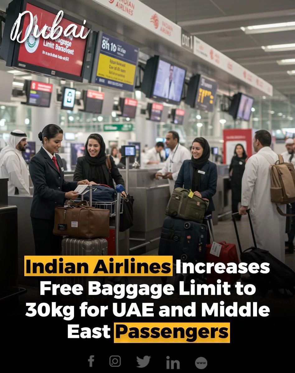 boodsbeep's tweet photo. Air India Express has increased its free check-in baggage allowance to 30kg for passengers traveling between the UAE, Middle East, and other destinations. 

The airline also offers a 7kg cabin baggage allowance, allowing up to two pieces. Families with infants can carry an additional 10kg check-in baggage, bringing the total to 47kg, including the cabin allowance. 

The airline, owned by Tata Group, operates 450 weekly flights and plans to expand its network to 50+ destinations, including Bangkok, Phuket, and more Middle Eastern cities. 

Passengers can also choose discounted baggage options with Xpress Lite and Xpress Biz for higher allowances. 

#AirIndiaExpress #UAEIndiaFlights #BaggageAllowance #TravelNews #UAE #MiddleEast #AirlineExpansion