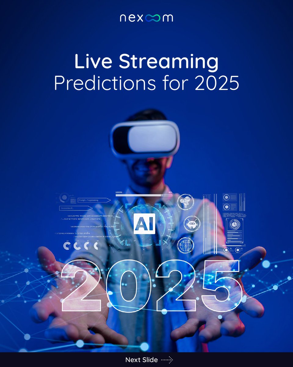 Nexoom's tweet photo. Live Streaming in 2025 is looking exciting!

From VR that puts you into the event to #AI tools making #streaming easier for #creators and more engaging for viewers, plus real-time shoppable streams, the way we connect with content will evolve.

Which trend excites you most? https://t.co/lL0uFgT1RD