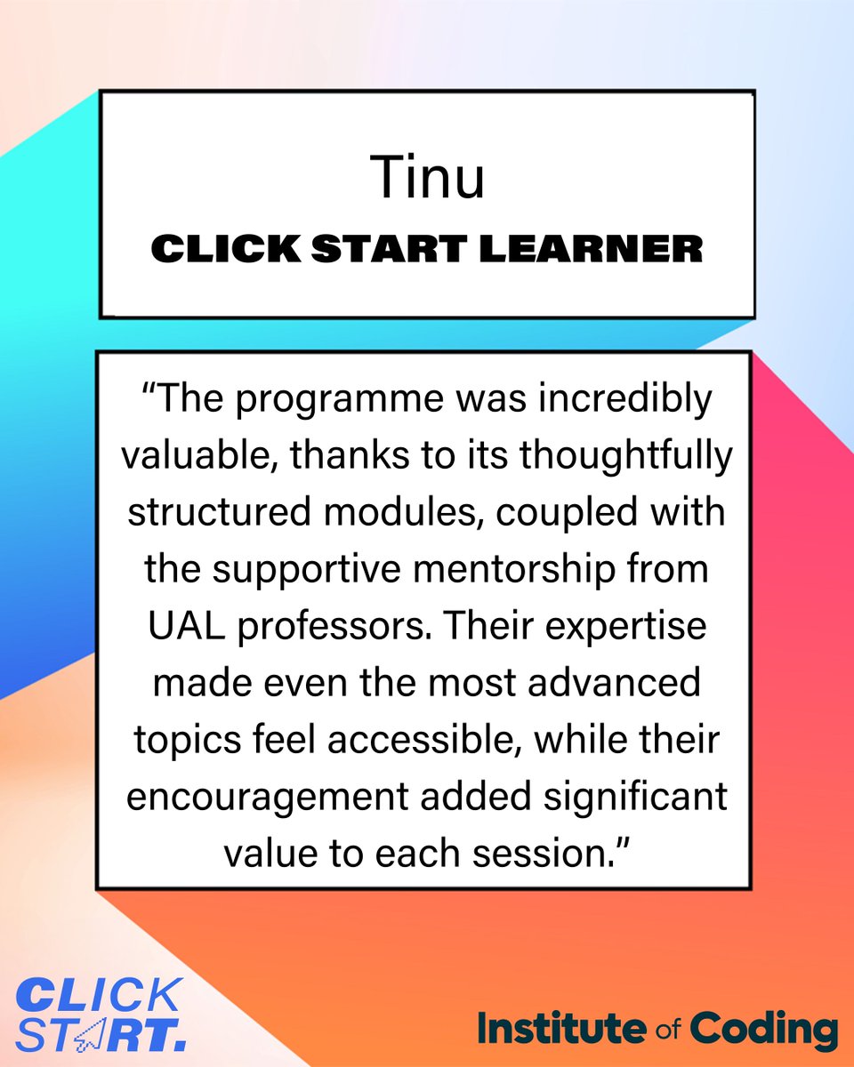 Institute of Coding (@iocoding) on Twitter photo Tinu already had some good technical skills, but wanted to find ways of being more creative in her technical practice. This led her to join the <a href="/ual_cci/">UAL Creative Computing Institute</a> <a href="/UAL/">University of the Arts London</a> <a href="/UKBlackTech/">UKBlackTech</a> Click Start programme, where she gained the skills & perspectives needed to help her stand out to employers. Tinu already had some good technical skills, but wanted to find ways of being more creative in her technical practice. This led her to join the <a href="/ual_cci/">UAL Creative Computing Institute</a> <a href="/UAL/">University of the Arts London</a> <a href="/UKBlackTech/">UKBlackTech</a> Click Start programme, where she gained the skills & perspectives needed to help her stand out to employers.