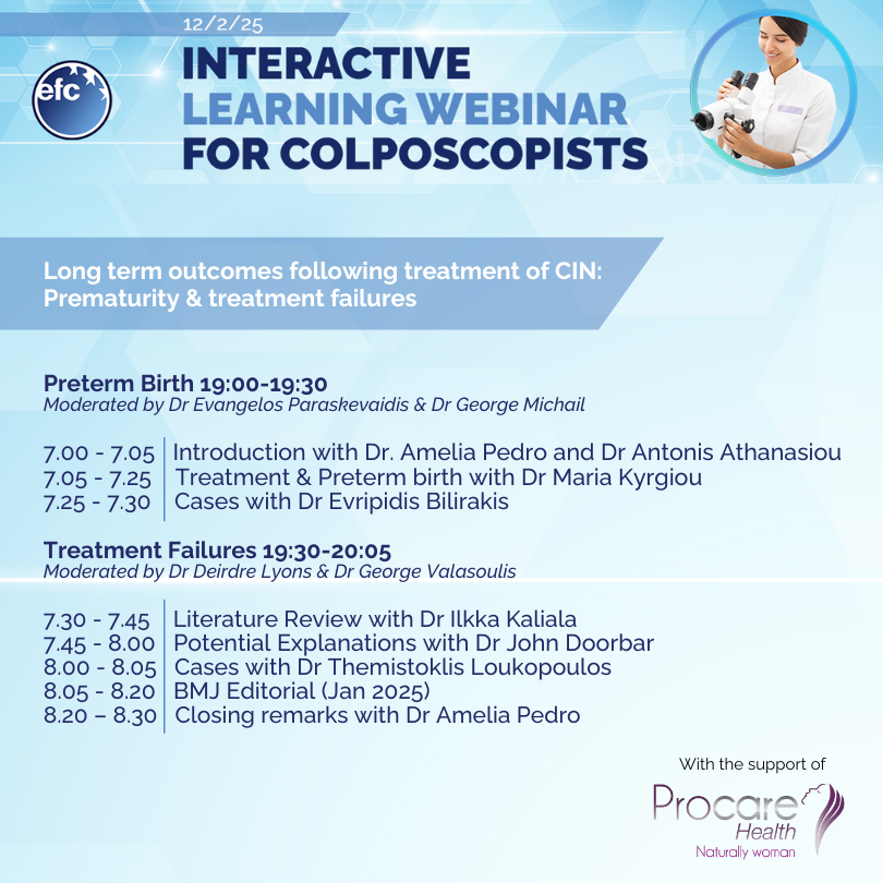 📢Webinar programme overview

Join us on Feb 12, 2025, at 7:00 pm CET for the Interactive Learning Webinar for #Colposcopists

Topics:
🔹Preterm Birth (7:00 pm)
🔹Treatment Failures (7:30 pm)

💻Online | 💳Fee: 15-20€

Register now: lnkd.in/eucru4Re

#CIN #Colposcopy