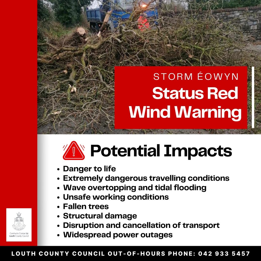 Met Éireann RED Weather Warning - LOUTH
Due to the arrival of Storm Éowyn and the RED ALERT WIND WARNING in place for Friday 24th January, our Facility will open at the later time of 1pm tomorrow.*
Please stay safe &amp; look after each other. 
*(Subject to change)