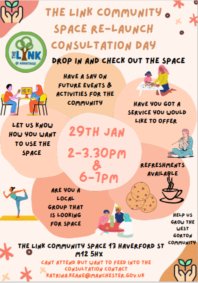 MCCArdwick's tweet photo. The Link Community Room  will reopen after Feb Half Term. In advance of this,@ArmitagePrimary
and @MCCArdwick are holding a consultation for the community. See below flyer. If not able to attend then fill out the questionnaire  below open until 7th Feb https://t.co/5Aa89Eo2cU https://t.co/QJ72IArVwC