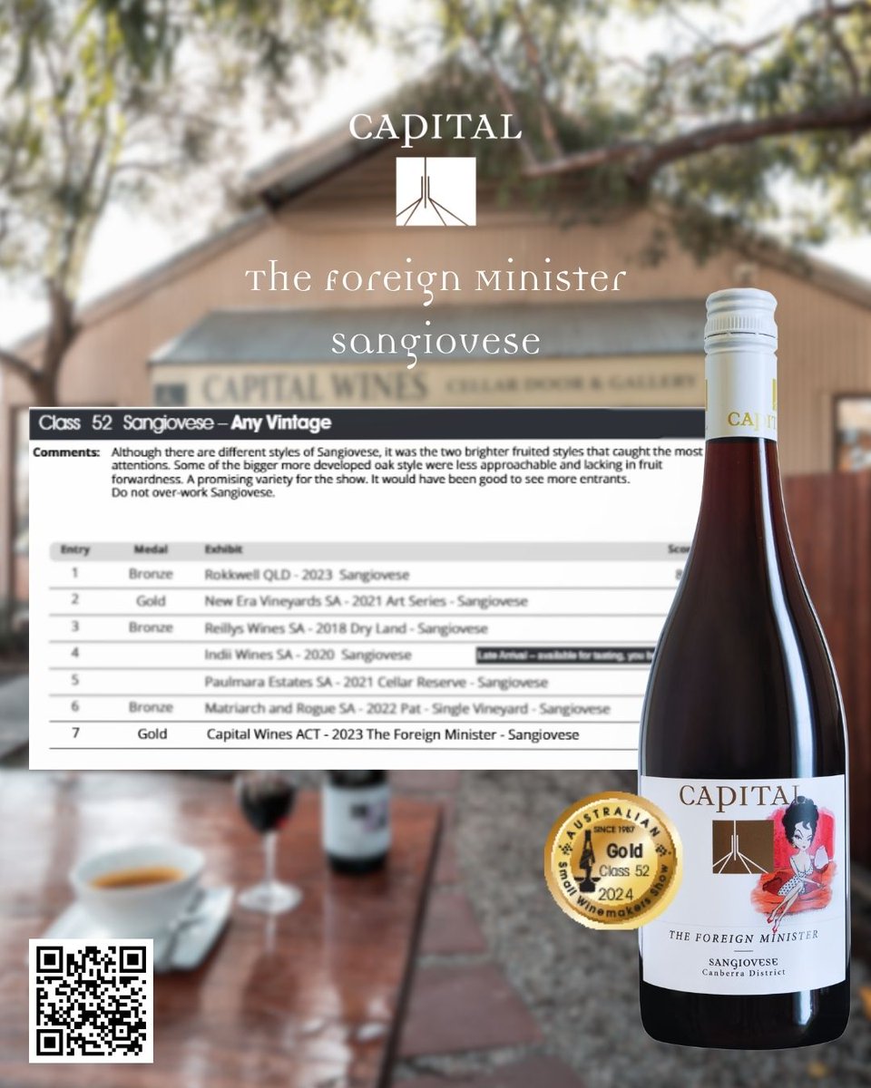 Capital's The Foreign Minister Sangiovese 2023 was awarded a Gold Class 52 2024 by the Australian Small Winemakers Show!

95 Points, Gold Medal

Gold Bright, jubey, bistro style. Very simple but yummy Crunchy and bright. Lovely drink with good flow and vibrance.