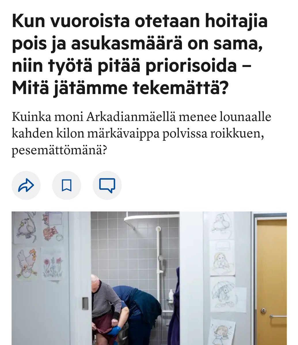 TerttuHuuhka's tweet photo. "Kun aamuvuorosta otetaan yksi hoitaja pois, samoin iltavuorosta, ja asukasmäärä on sama, niin jokainen ymmärtää, että työtä pitää priorisoida.

Mitä jätetään tekemättä? Kuka jää tänään sänkyyn? Kenen pesua voidaan siirtää?"

@KaisaJuuso @sannigrahn

https://t.co/VZAPN5M0UF https://t.co/79l7ND5Gd4