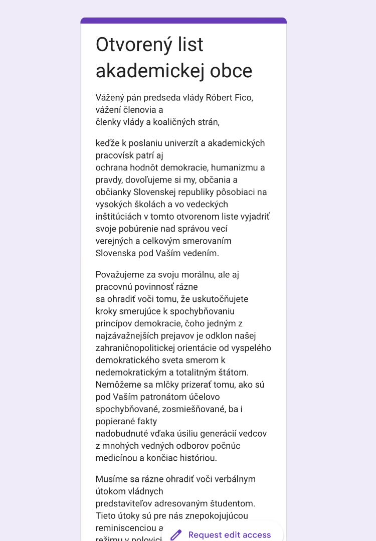 Ak tu mame niekoho z akademickych kruhov, zvazte prosim podporu otvoreny list vlade a clenom koalicnych stran.

Doba je taka, ze sa treba ozvat zo vsetkych stran. Vdaka 🤲

docs.google.com/forms/d/1-enHz…