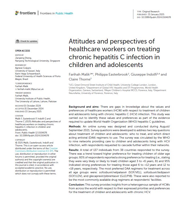 malik_farihah's tweet photo. 📢 New paper out in @FrontPubHealth

We gathered insights from healthcare workers on #hepatitisC treatment for children.

Results have contributed to updating the @WHO #HCV guidelines, which recommend treating children >3 years old with #DAAs.

 #NOhep #EndHEP https://t.co/neTff8Y6Ex
