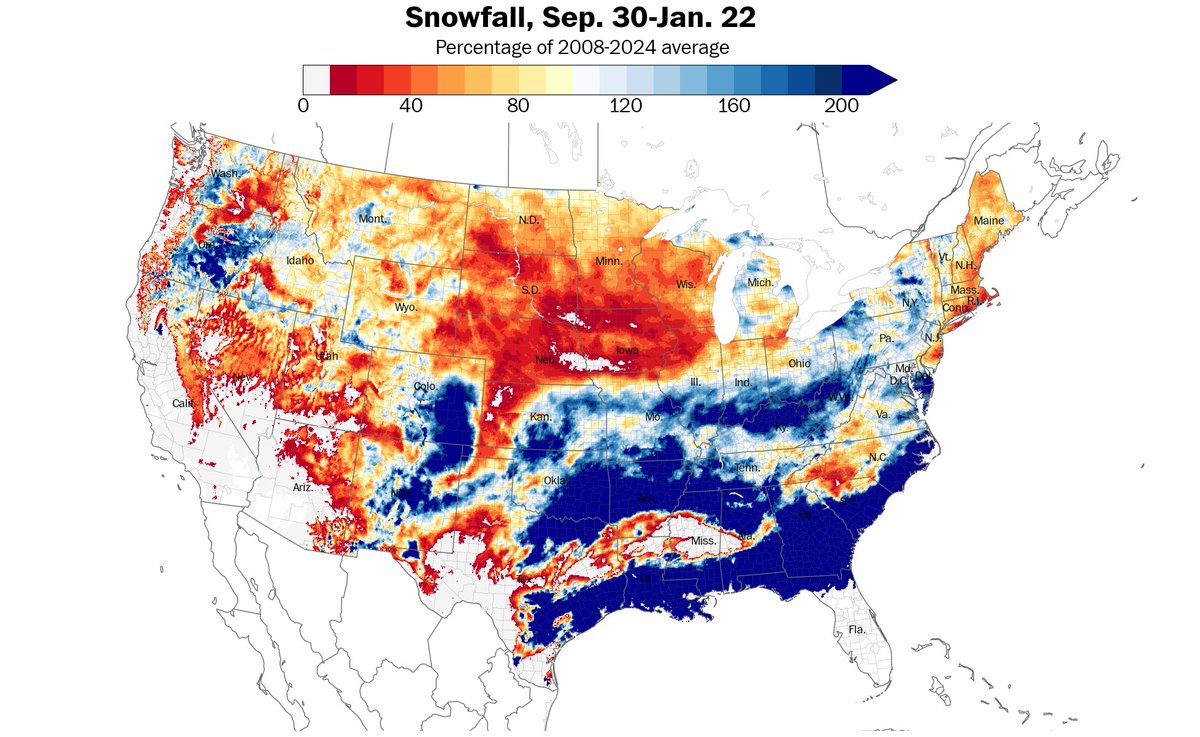 The Gulf Coast blizzard created some remarkable seasonal snowfall anomalies - some areas have now experienced well over 1000% of their seasonal average!

Other oddities include much of the Gulf Coast having *more snow* than parts of the Plains and coastal Northeast.
