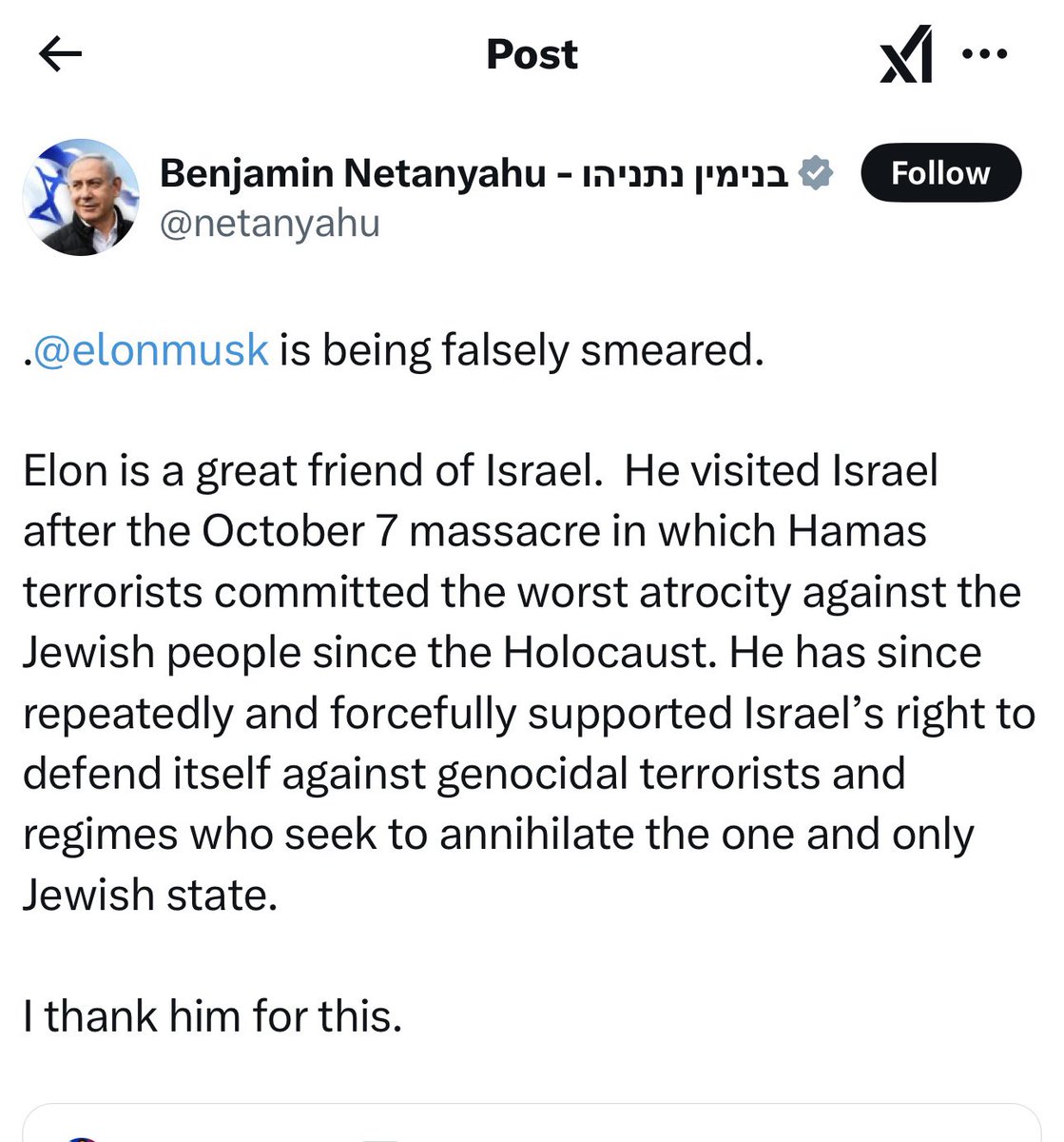 violetjoneslive's tweet photo. @CLConover80 @elonmusk @DrBeKnows the prime minister of Isreal just posted defending Musk. You can go look at his account. https://t.co/c3ppfKcveI