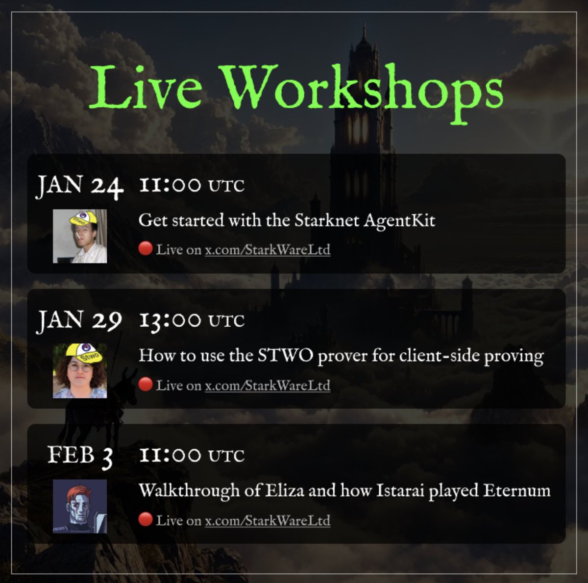 It's workshop season for the SW x RW AI Agent hackathon 🫵 

Join us for an exciting lineup of workshops that will leave you wanting more:
💠 Get started with the Starknet AgentKit, by <a href="/antiyro/">antiyro</a> from <a href="/kasarLabs/">Kasar</a> 
💠 How to use the STWO prover for client-side proving, by