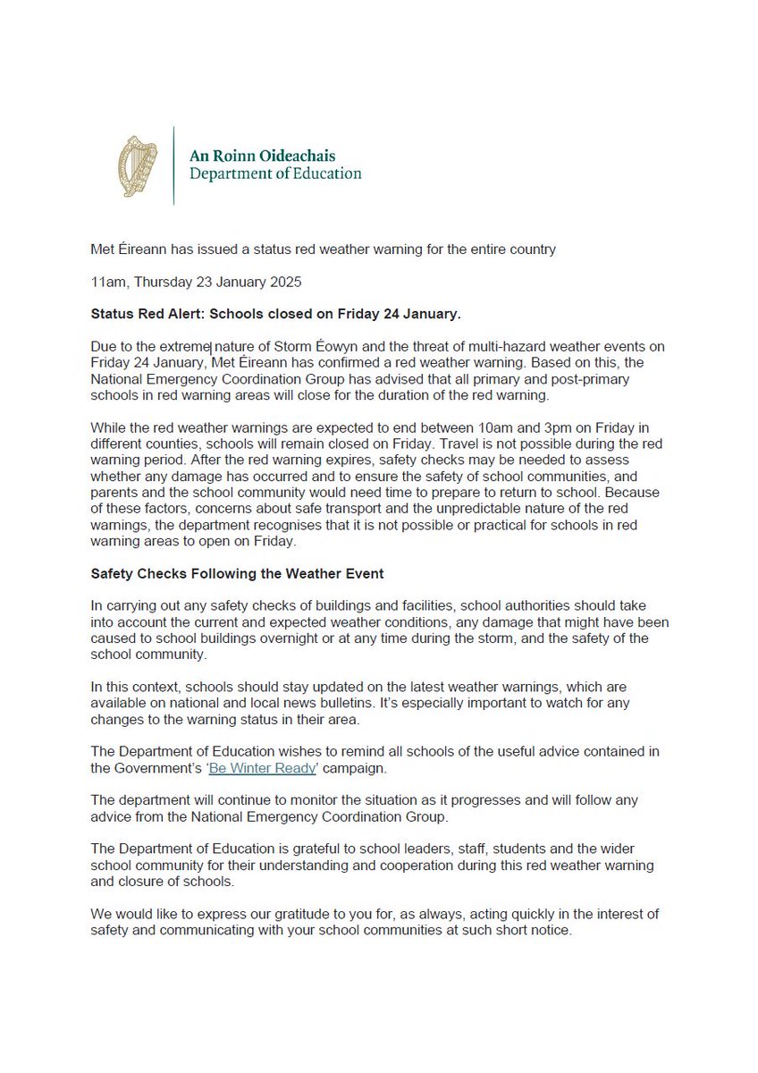 <a href="/MetEireann/">Met Éireann</a> has issued a status red weather warning for the entire country

All Schools to close for the duration of the School Day on Friday

#StormEowyn