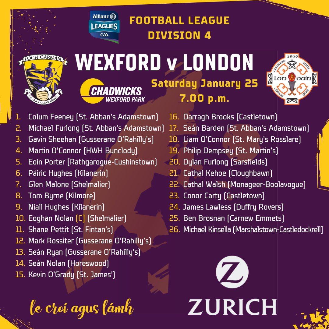OfficialWexGAA's tweet photo. Our senior football team, proudly supported by @Zurich_Irl, for Saturday's match v London in @ChadwicksIE Wexford Park.
🎟️ https://t.co/ugrxIbnsCw and SuperValu & Centra stores. 'Tap & Go' NOT in operation.
📻 SE Radio
📲 Live updates here, with @eset_ireland
📹 No streaming. Do not click links offering streams.