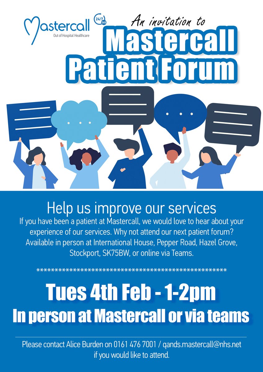 Mastercall Healthcare (@mastercallh) on Twitter photo Help us improve our services!
If you have been a patient of Mastercall and are interested in attending, please contact Alice Burden on:
qands.mastercall@nhs.net / 0161 476 7001
#socialenterprise #nhs #healthcare #PuttingPatientsFirst Help us improve our services!
If you have been a patient of Mastercall and are interested in attending, please contact Alice Burden on:
qands.mastercall@nhs.net / 0161 476 7001
#socialenterprise #nhs #healthcare #PuttingPatientsFirst