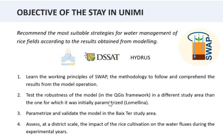 Dr Arianna Facchi and her team is supervising her work in <a href="/LaStatale/">Università degli Studi di Milano</a> , while Silvia's pHD is directed by Prof. Ramírez de Cartagena from <a href="/AGROENG_UdG/">AGROENG_UdG</a>  and Dr Farida Dechmi from <a href="/gRamaInvestiga/">grupo-rama</a> 
Thanks all for your valuable collaboration!