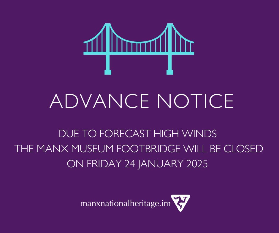ManxNationalHeritage (@manxheritage) on Twitter photo Advance Notice: The Manx Museum Footbridge will be closed on Friday 24 January 2025 due to forecast high winds, reopening on Saturday.  
#stormeowyn Advance Notice: The Manx Museum Footbridge will be closed on Friday 24 January 2025 due to forecast high winds, reopening on Saturday.  
#stormeowyn
