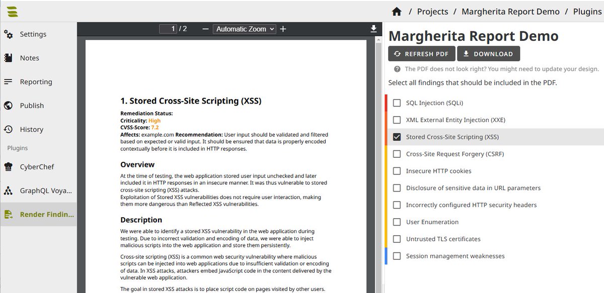 SysReptor's tweet image. You can now render selected findings to a PDF.

Enabled on our #HTB labs instance and available to Professional users.