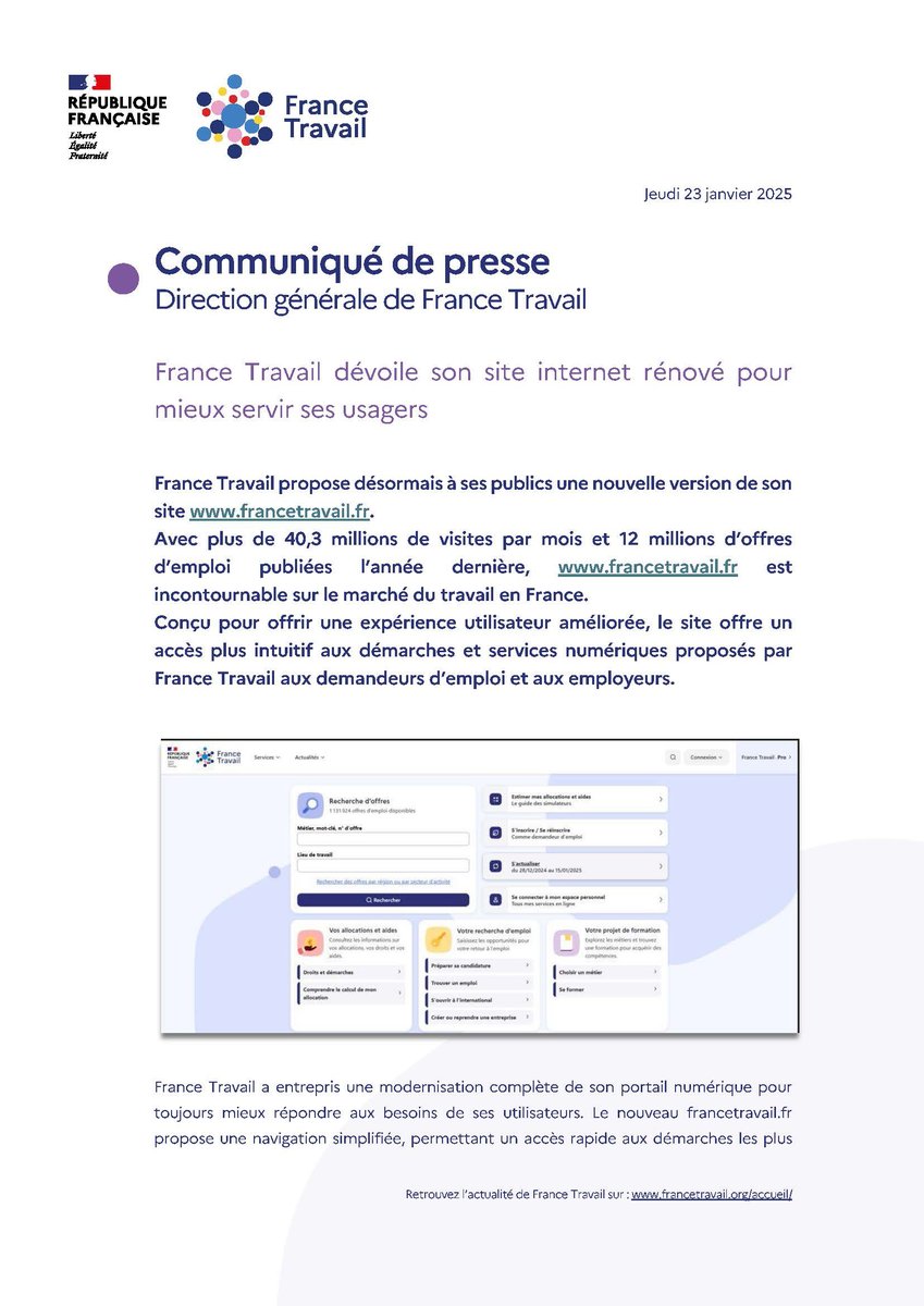 📣 Avec +40 M de visiteurs par mois et 12 M d'offres d'emploi publiées en 2024, le site francetravail.fr évolue pour mieux informer et accompagner nos usagers, demandeurs d'emploi et employeurs

📰 Lire le communiqué de presse en intégralité ici ➡️ francetravail.org/accueil/commun…