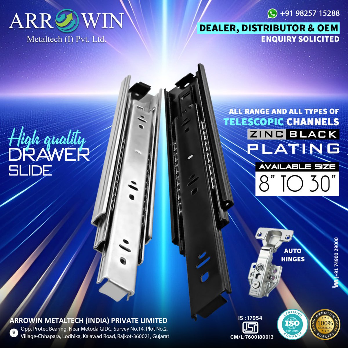 ibais_hardware's tweet image. Arrowin Metaltech (I) Pvt. Ltd. (RAJKOT)

For enquiry via WhatsApp click:
ibais.biz/9825715288

Mr. Vimal Patel  +91 98257 15288
Mr. Krunal Patel  +91 94269 95230
#Telescopicchannel #drawerslide #MadeInIndia #hardwaresolution #drawerchannel #hardwarefitting 
.
@ibais_hardware