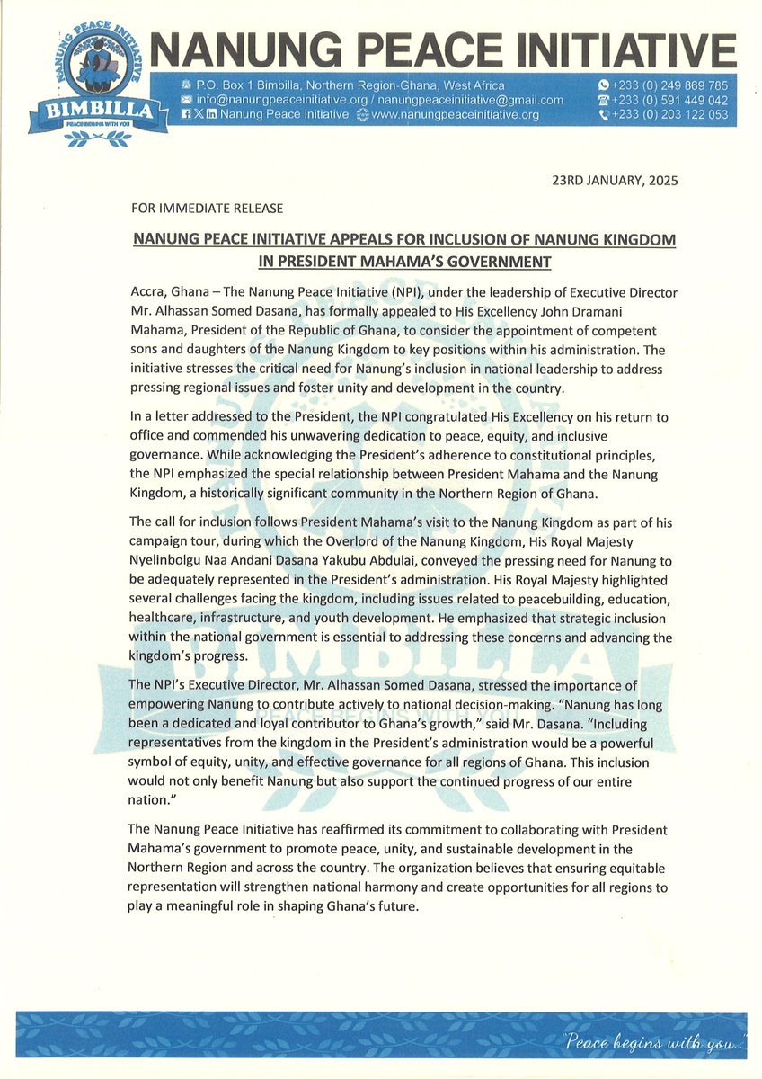 NanungPeace's tweet photo. Nanung Peace Initiative Urgently Appeals to His Excellency President John Dramani Mahama for Representation of Nanung Kingdom in His Administration https://t.co/5sfrblXOmz