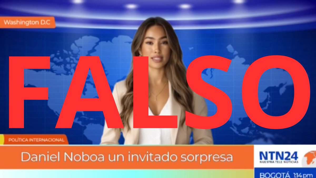 NTN24's tweet photo. @wgomezr ¡#FALSO! Este video, creado con Inteligencia Artificial y que usurpa la marca #NTN24, NO fue realizado por esta cadena. Los invitamos a seguir nuestras cuentas oficiales en todas las redes sociales @NTN24 y @NTN24Ve. Infórmese también en https://t.co/fcFbGKzsMo https://t.co/DGbp6CWJ8Q