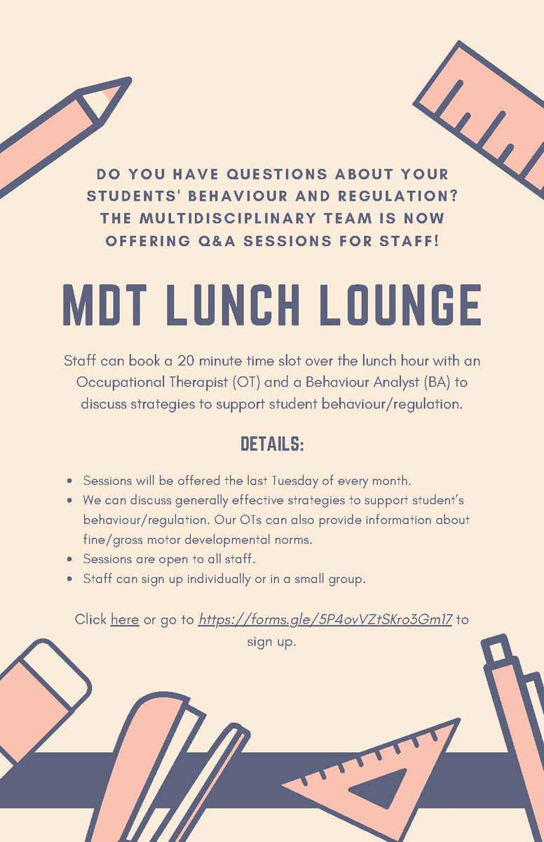 MDT Lunch Lounge starts in ONE WEEK! 🙌

DPCDSB staff are invited to sign up for a Q &amp; A session to talk to members of our team about effective strategies to support behaviour &amp; regulation at school. 

Hope to see you there! 🙋‍♀️

#MDTLunchLounge #ABAineducation #SchoolBasedOT