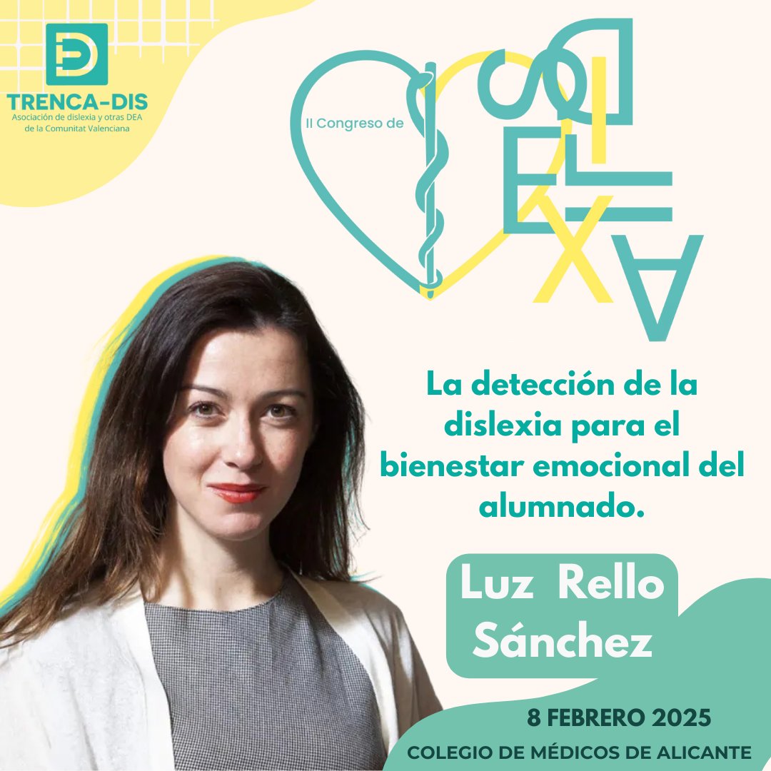 Trenca-dis (@trencad) on Twitter photo 💡<a href="/luzrello/">Luz Rello</a> estará en el #IICongresoDislexia con su ponencia:
"La detección de la #dislexia para el bienestar emocional del alumnado"
🗓️ 8 febrero 2025.
📍 Palacio Congresos de Alicante.
¡Inscríbete y no te lo pierdas! trenca-dis.com🌟 <a href="/changedyslexia/">Change Dyslexia</a> <a href="/PDislexia/">Plataforma Dislexia</a> 💡<a href="/luzrello/">Luz Rello</a> estará en el #IICongresoDislexia con su ponencia:
"La detección de la #dislexia para el bienestar emocional del alumnado"
🗓️ 8 febrero 2025.
📍 Palacio Congresos de Alicante.
¡Inscríbete y no te lo pierdas! trenca-dis.com🌟 <a href="/changedyslexia/">Change Dyslexia</a> <a href="/PDislexia/">Plataforma Dislexia</a>