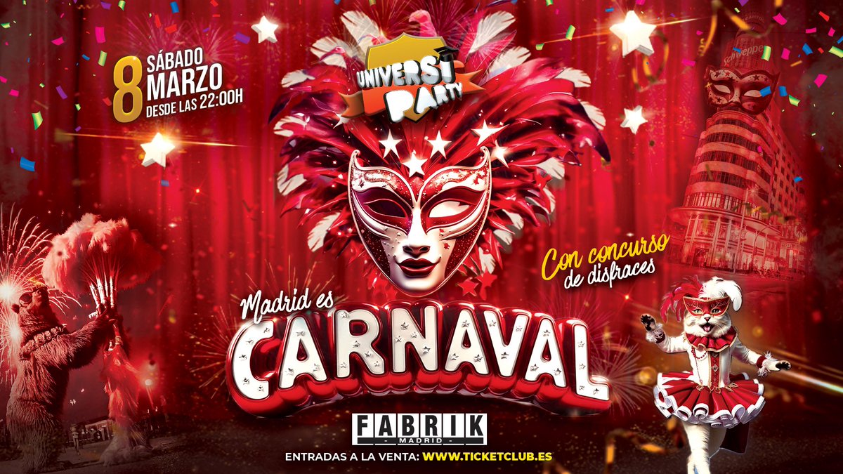 El Carnaval de Madrid este año acaba en #Fabrik , con un brutal broche de oro a la semana más colorida del año.

🎊🎭 <a href="/UniversiParty/">UniversiParty</a> CARNAVAL 🎭🎊

🗓️ Sábado 8 de Marzo
🕙 Desde las 22:00
📍 <a href="/fabrikdiscoteca/">FABRIK</a> 

🎫 ENTRADAS - Desde 20€
ticketclub.es/es/plans/294143