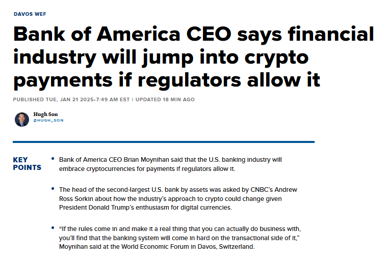 BitcoinNewsCom's tweet photo. NEW: 🇺🇸 Bank of America CEO Brian Moynihan says the US banking industry is open to embracing cryptocurrencies for payments, as long as regulators establish a clear framework, according to CNBC. https://t.co/lff0rI298n